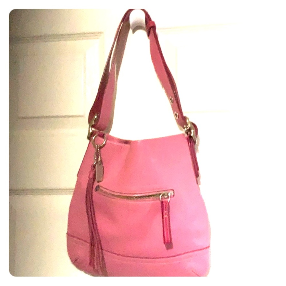 Pink leather Coach bag.